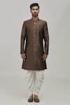 Arihant Rai Sinha_Brown Jaquard And Art Silk Woven Floral Motifs Pattern Sherwani Set _Online_at_Aza_Fashions