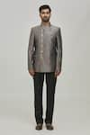 Arihant Rai Sinha_Grey Woven Leaf Pattern Bandhgala Set _Online_at_Aza_Fashions