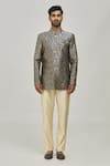 Arihant Rai Sinha_Blue Leaf Pattern Bandhgala Set _Online_at_Aza_Fashions