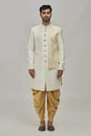 Arihant Rai Sinha_Cream Pant Art Silk Woven Geometric Placement Sherwani Set _at_Aza_Fashions