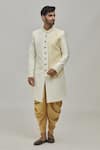 Buy_Arihant Rai Sinha_Cream Pant Art Silk Woven Geometric Placement Sherwani Set _Online_at_Aza_Fashions