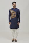 Khwaab by Sanjana Lakhani_Blue Sherwani Jacquard Woven Floral Flower Placement Set_Online_at_Aza_Fashions