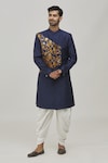 Buy_Khwaab by Sanjana Lakhani_Blue Sherwani Jacquard Woven Floral Flower Placement Set_Online_at_Aza_Fashions