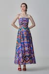 Shop_Saaksha & Kinni_Blue Cambric Printed Ikat Straight Frenchy Maxi Dress_Online_at_Aza_Fashions