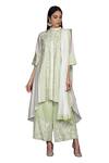 Shop_Anju & Harleen_Ivory Silk, Chanderi, Linen Embroidery, Resham Asymmetric Kurta Flared Pant Set 