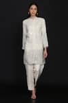 Buy_Anju & Harleen_Ivory Georgette, Linen Embroidery Mandarin Floral Jacket With Flared Pant _at_Aza_Fashions