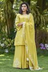 Shop_Anju & Harleen_Yellow Chanderi, Linen Embroidery Round Neck Dori Kurta Sharara Set _at_Aza_Fashions