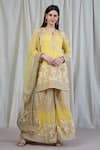 Buy_Anju & Harleen_Yellow Georgette, Linen Embroidery Split V-neck Zari Floral Kurta Sharara Set _at_Aza_Fashions