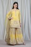 Shop_Anju & Harleen_Yellow Georgette, Linen Embroidery Split V-neck Zari Floral Kurta Sharara Set _at_Aza_Fashions