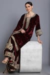 Shop_Anju & Harleen_Wine Silk, Velvet, Linen Zari, Sequins, Embroidery Zardozi Kurta Sharara Set 