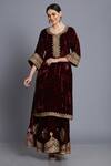 Anju & Harleen_Wine Silk, Velvet Embroidery, Zari, Sequins Split Zardozi Kurta With Sharara _Online_at_Aza_Fashions