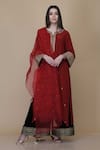 Buy_Anju & Harleen_Red Crepe, Velvet, Organza Embroidery, Zari Butti Asymmetric Kurta Sharara Set _at_Aza_Fashions