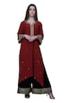 Shop_Anju & Harleen_Red Crepe, Velvet, Organza Embroidery, Zari Butti Asymmetric Kurta Sharara Set _Online_at_Aza_Fashions