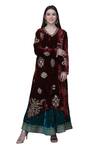 Anju & Harleen_Wine Silk, Velvet Embroidery, Sequins, Blossom Asymmetric Kurta Sharara Set _at_Aza_Fashions