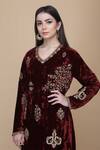 Shop_Anju & Harleen_Wine Silk, Velvet Embroidery, Sequins, Blossom Asymmetric Kurta Sharara Set 