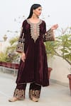 Buy_Anju & Harleen_Wine Velvet Embroidered Zari Round Kurta With Palazzo _at_Aza_Fashions