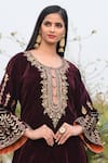 Shop_Anju & Harleen_Wine Velvet Embroidered Zari Round Kurta With Palazzo _at_Aza_Fashions