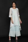 Anju & Harleen_Ivory Cotton Chanderi Embroidery Mirror Round Asymmetric Kurta With Pant _Online_at_Aza_Fashions