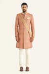 Raghavendra Rathore Jodhpur_Peach Brocade Woven Jaipur Floral The Engraving Sherwani _Online_at_Aza_Fashions