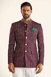 Shop_Raghavendra Rathore Jodhpur_Wine Silk Woven Floral Jacquard The Bordeaux Bandhgala _Online_at_Aza_Fashions