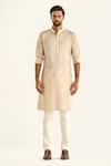 Buy_Raghavendra Rathore Jodhpur_Beige Tussar Silk Embroidered Thread The Haveli Floral Kurta _Online_at_Aza_Fashions