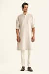 Buy_Raghavendra Rathore Jodhpur_Off White Linen Embroidered Kantha The Sundarban Outdoor Checkered Kurta _at_Aza_Fashions