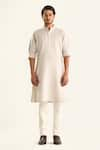 Buy_Raghavendra Rathore Jodhpur_Off White Linen Embroidered Kantha The Sundarban Outdoor Checkered Kurta _Online_at_Aza_Fashions