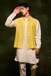 Buy_NAFS_Yellow Kurta And Pant Satin Linen Hand Embroidered Zari Set With Bundi _at_Aza_Fashions