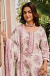 Shop_KARAJ JAIPUR_Purple Kurta And Pant Cotton Print Rose Bloom Round Neck Set 