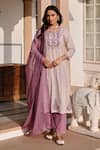 Buy_KARAJ JAIPUR_Purple Kurta And Pant Cotton Print Butti Notched Round Set _at_Aza_Fashions