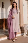 Shop_KARAJ JAIPUR_Purple Kurta And Pant Cotton Print Butti Notched Round Set _Online_at_Aza_Fashions