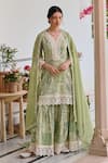 Buy_KARAJ JAIPUR_Green Kurta And Sharara Jute Print Floral V Neck Straight Tile Set _at_Aza_Fashions