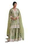 KARAJ JAIPUR_Green Kurta And Sharara Jute Print Floral V Neck Straight Tile Set _at_Aza_Fashions