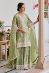 Shop_KARAJ JAIPUR_Green Kurta And Sharara Jute Print Floral V Neck Straight Tile Set 