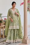 KARAJ JAIPUR_Green Kurta And Sharara Jute Print Floral V Neck Straight Tile Set _Online