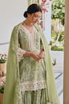 Buy_KARAJ JAIPUR_Green Kurta And Sharara Jute Print Floral V Neck Straight Tile Set _Online