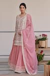 Buy_KARAJ JAIPUR_Pink Kurta Cotton Print Floral Jaal Paan Neck Flower Lehenga Set 