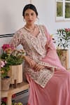 KARAJ JAIPUR_Pink Kurta Cotton Print Floral Jaal Paan Neck Flower Lehenga Set _Online