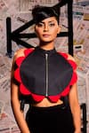 Echke_Black 100% Cotton Plain Band Collar Flower Crop Top _Online_at_Aza_Fashions