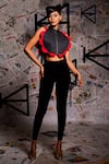 Echke_Black 100% Cotton Plain Band Collar Flower Crop Top _at_Aza_Fashions