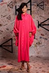 Echke_Pink 100% Cotton Applique Stand Collar Placement Flared Dress _Online_at_Aza_Fashions