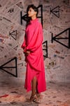 Shop_Echke_Pink 100% Cotton Applique Stand Collar Placement Flared Dress _Online_at_Aza_Fashions