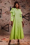 Buy_Echke_Green 100% Cotton Plain Stand Collar Ruffle Dress_at_Aza_Fashions