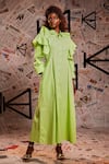Echke_Green 100% Cotton Plain Stand Collar Ruffle Dress_Online_at_Aza_Fashions
