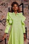 Buy_Echke_Green 100% Cotton Plain Stand Collar Ruffle Dress_Online_at_Aza_Fashions