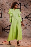 Echke_Green 100% Cotton Plain Stand Collar Ruffle Dress_at_Aza_Fashions