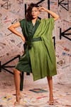 Buy_Echke_Green 100% Linen Colour Block Lapel Collar Asymmetric Dress _at_Aza_Fashions