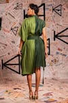 Shop_Echke_Green 100% Linen Colour Block Lapel Collar Asymmetric Dress _at_Aza_Fashions