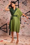 Echke_Green 100% Linen Colour Block Lapel Collar Asymmetric Dress _Online_at_Aza_Fashions