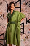 Buy_Echke_Green 100% Linen Colour Block Lapel Collar Asymmetric Dress _Online_at_Aza_Fashions